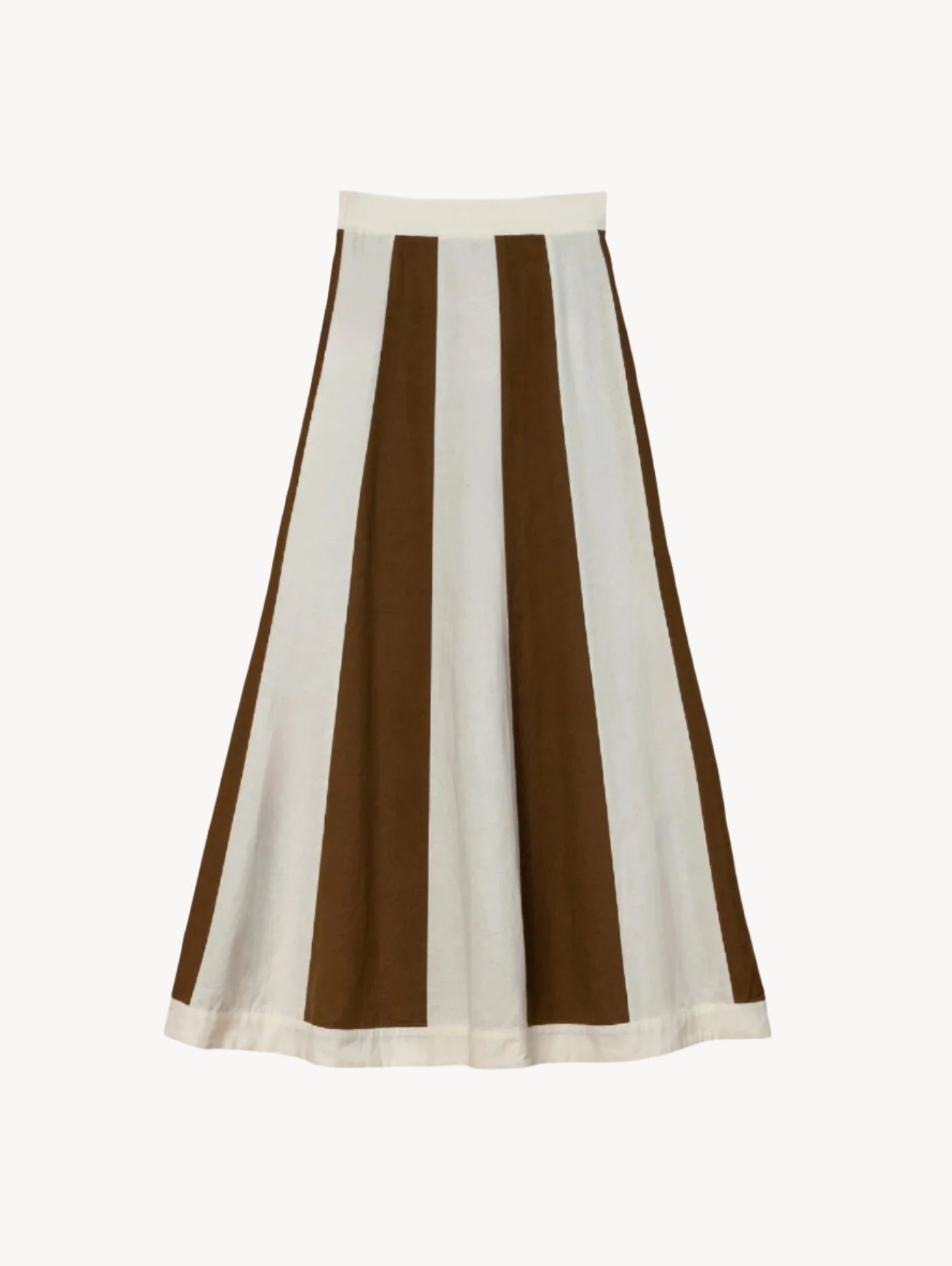Brown and white striped skirt on a light pink background