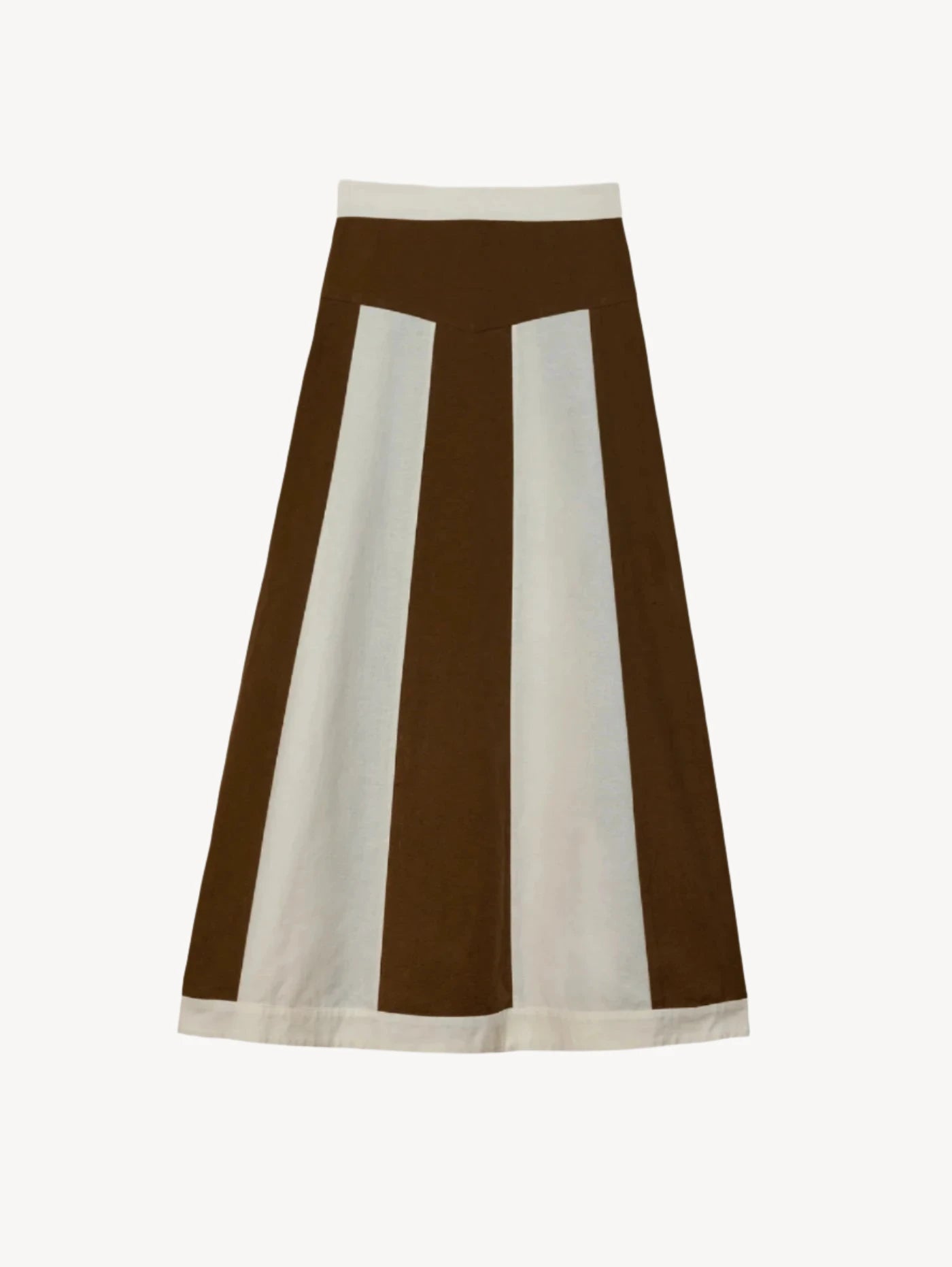 Skirt with brown and white vertical stripes on a light pink background
