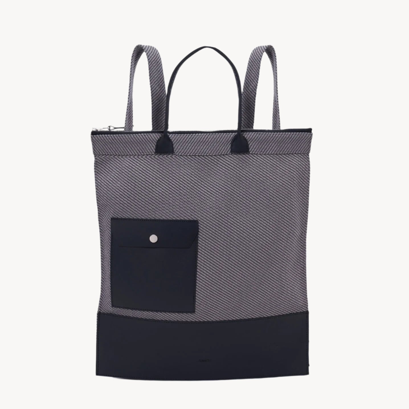 A black and charcoal gray backpack with a textured fabric, featuring a front pocket and adjustable straps.